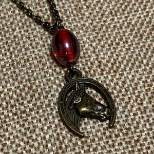 Horse Head Vintage Red Glass Bead Necklace 18” One of a kind